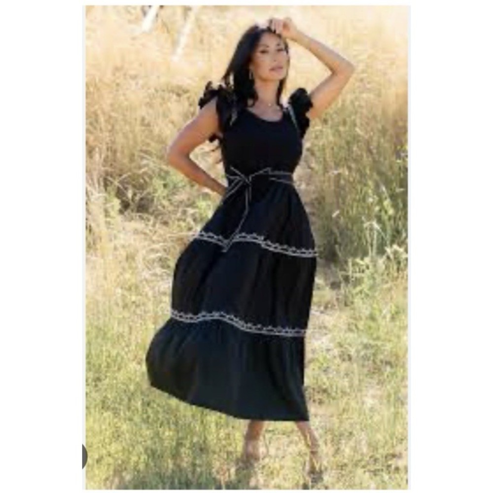 Baltic Born Elisa Embroidered Cotton Blend Midi Dress Black Size M NWT